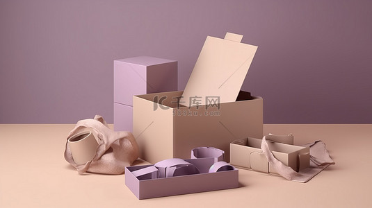 拆盒背景图片_在线购物 3d 渲染的礼品盒被拆箱和配件显示