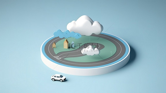 等距圆路，带有汽车和位置图标，在 3D 插图中设置多云背景