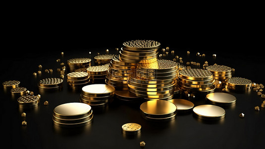 金橡木背景图片_黑桌上金币和金条的 3d 渲染