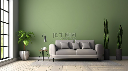 绿色主题客厅，配有 ​​3D 渲染灰色沙发