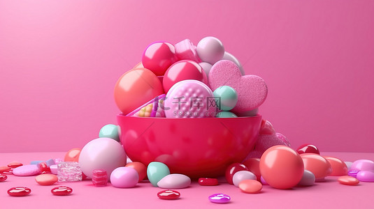 西瓜背景图片_粉红色背景上充满活力的粉红色糖果 3D 渲染为情人节灵感