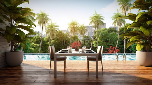 户外别墅背景图片_木质甲板上迷人的 3D 插图户外用餐绿洲