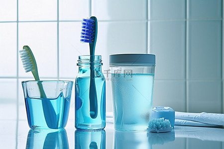吞咽口水背景图片_玻璃和蓝色的牙刷牙膏和漱口水