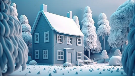 大自然中抽象冬季住宅的卡通风格 3D 渲染