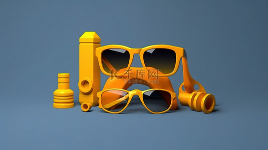 3D 插图中的搜索栏设计元素，具有各种设备哑铃太阳镜汽车和锤子
