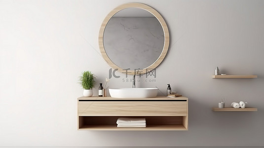 椭圆形镜子背景图片_椭圆形镜子和木柜的 3D 渲染，在白墙上水槽的特写镜头中