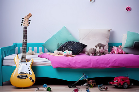 一张小床，床上放着吉他和玩具