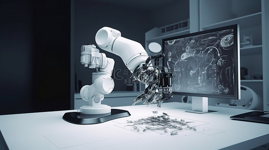监控显示的机器人在 3d 渲染显微镜上工作