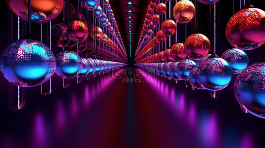 圣诞led背景图片_装饰有节日悬挂圣诞饰品的充满活力的 LED 灯隧道的 3D 渲染