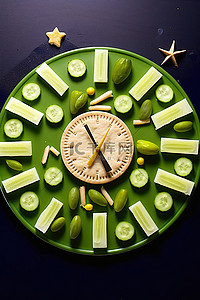 芹菜炒肉背景图片_带有芹菜和蔬菜的饼干的时钟 照片 1195