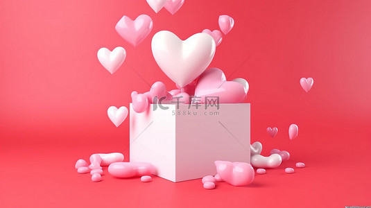 白色云心形背景图片_情人节浪漫 3D 艺术品红心和白色礼盒粉红色背景