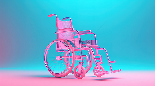 蓝色背景上 3D 渲染的双色调粉色轮椅