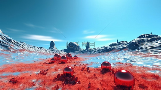 蓝天背景下超现实红色沙漠景观的 3D 渲染