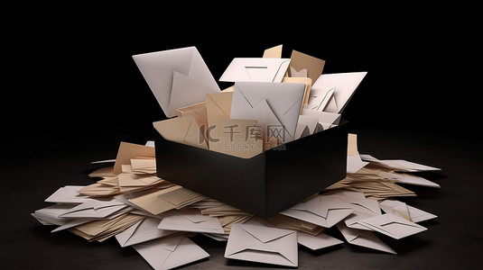 3D 渲染中的一个打开的信封，旁边是一堆封闭信件顶部的空白卡片
