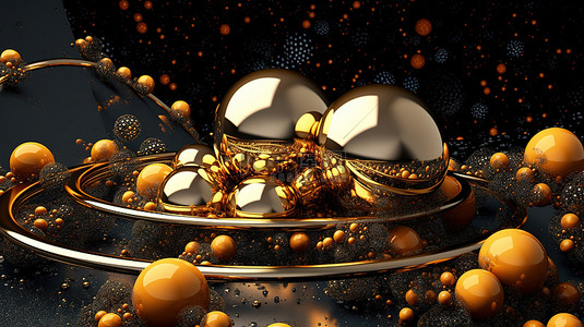 闪闪发光的金色球体和圆环围绕着 3D 神秘的深色大理石球体