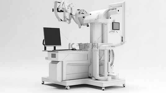 医学诊断背景图片_带显示器的 C 臂医学成像机的白色背景 3D 渲染