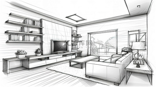 房子手绘背景图片_当代客厅墙单元手绘草图和白色背景上的 3D 渲染