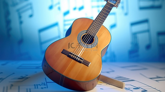 蓝色切割背景图片_蓝色背景上围绕传统原声吉他的音符 3D 插图