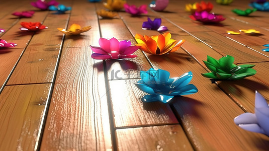 一系列色彩缤纷大小各异的可爱花朵落在 3D 渲染的木瓷砖地板上