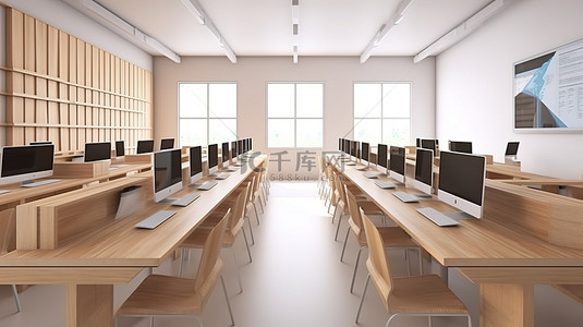 彻底改变教育在线数字教室，配有木桌笔记本电脑和白色键盘，现代环境 3D 渲染