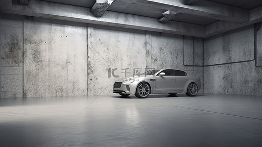 以 3D 渲染和汽车广告为特色的混凝土地板建筑背景