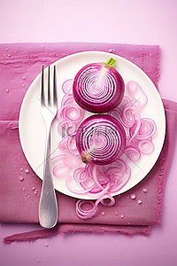 情人餐巾纸背景图片_餐巾纸上的粉红洋葱和纸上的叉子