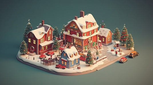圣诞屋圣诞背景图片_3D 渲染中的等距圣诞新年场景