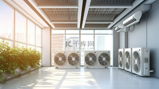 安装空调的工具背景图片_多系统空调室外机和多个室内盒式机组的 3D 渲染