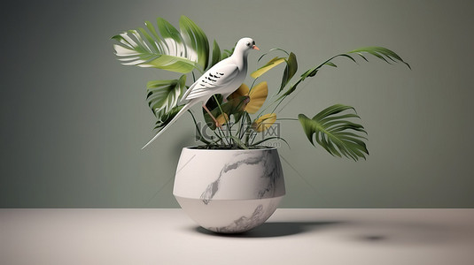叶子盆栽背景图片_3D 插图中现代盆栽室内植物的鸟瞰图