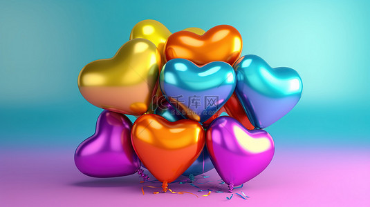 新年背景背景图片_快乐的新年庆祝心形气球在 3d 渲染的彩虹色背景中
