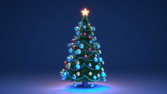 圣诞树上装饰着装饰灯和小玩意的节日蓝色背景的 3D 渲染