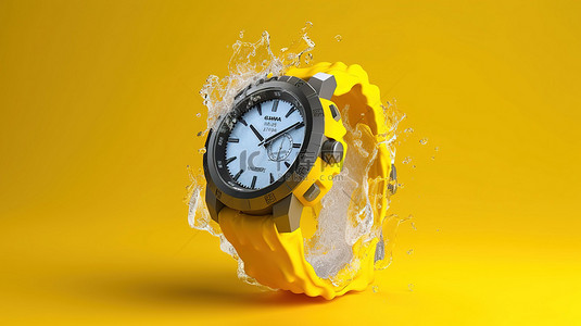 冰箱冰块背景图片_冰冷智能手表冻结时间概念在充满活力的黄色背景 3d 渲染