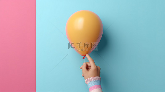手拿气球气球背景图片_柔和的手拿着气球穿过孔等距 3D 渲染