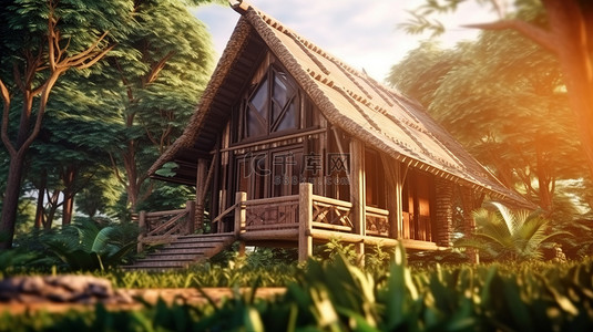 质朴的丛林静修 3D 插图木屋设计与天空森林背景