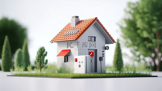 现代视频对讲机安装在时尚的小屋附近，以绿草和红色屋顶为特色，以 3D 渲染呈现