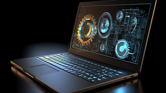 设计。桌面背景图片_增强系统性能 3D 笔记本电脑采用齿轮和灯泡设计，用于维护更新和网络修复