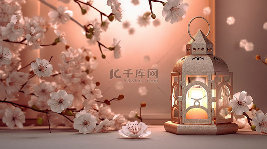 花卉喜悦背景下伊斯兰装饰灯笼的 3D 插图