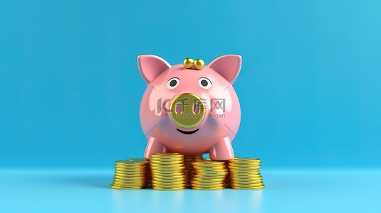 蓝色背景的 3D 渲染，带有粉色存钱罐和金币，说明了为金融增长省钱的概念