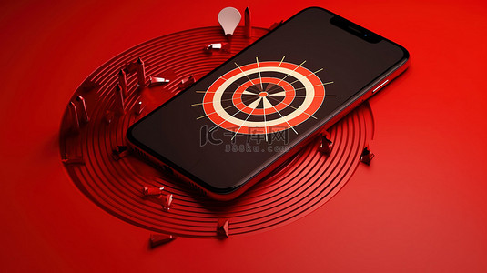 科技手红色背景图片_带有红色背景 3d 插图的智能手机的飞镖商业概念
