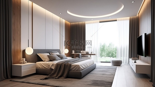 现代卧室设计，配有时尚的内置床头板和电视柜，采用木材和白色大理石 3D 渲染