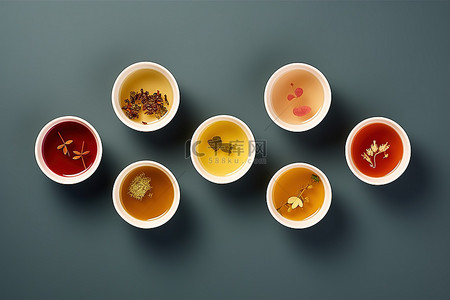 绿茶杯，上面放着六种不同的茶