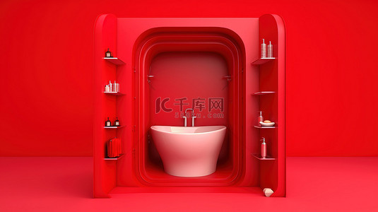 红色背景下浴室设施浴缸厕所和衣柜的单色红色 3D 图标