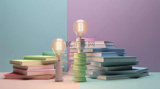 创意符号背景图片_带有灯泡创意符号的柔和背景和 3D 渲染中的彩色书籍