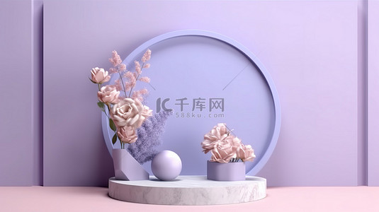 大理石讲台展示与玫瑰花和礼物在柔和的紫色和蓝色背景 3D 渲染图像