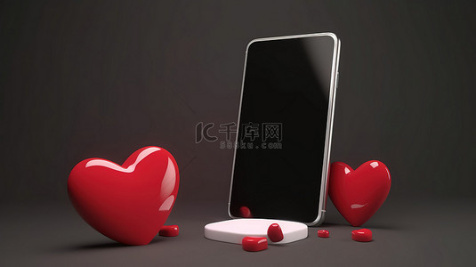 带有红心约会应用程序和在线爱情的智能手机的 3D 渲染