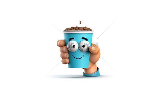 拿着咖啡杯背景图片_蓝色衬衫中拿着白色背景纸咖啡杯的卡通手的 3D 插图
