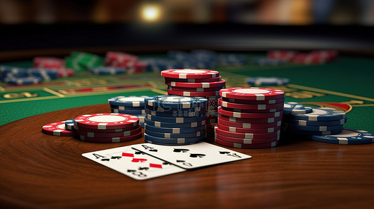纸牌游戏背景图片_二十一点牌桌的详细视图，其中包含以 3D 渲染的扑克牌和游戏筹码