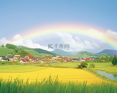 村庄贴春联背景图片_黄色田野和房屋上的彩虹