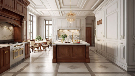 奇妙的厨房，配有木质装饰和大理石地板 精致的豪华内饰 3D 渲染设计