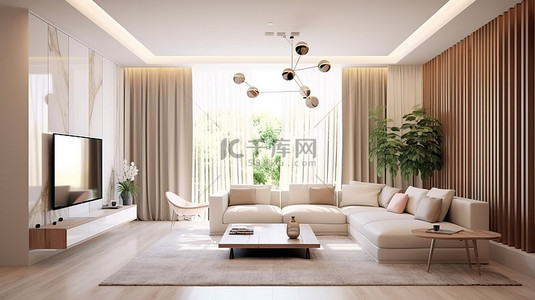 当代白色客厅的 3D 渲染，配有米色沙发
